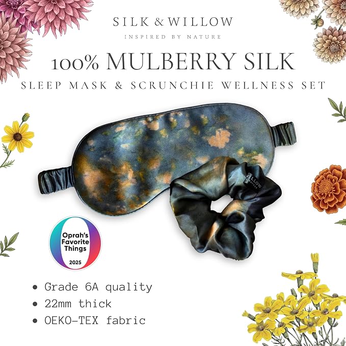 SILK & WILLOW - Botanical Print Pure Mulberry Silk Eye Mask & Scrunchie Gift Set, Luxurious Sleep Eye Mask & Hair Accessory Bundle, Durable Nature-Considerate Wellness Gifts for Women, Midnight