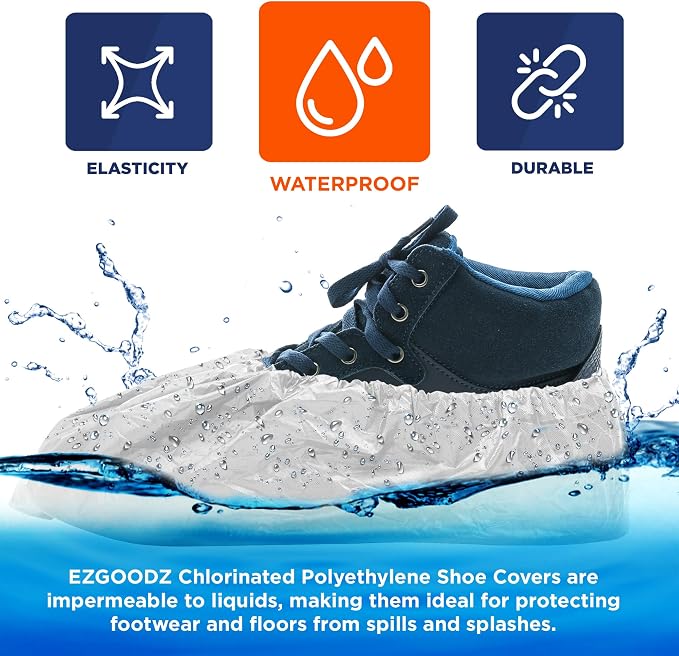 EZGOODZ White Indoor Shoe Covers Disposable Non Slip, 16.5 x 6.5 Inch. 1000 Pack Shoe Booties Disposable. 2 Mil CPE Disposable Booties for Shoes Covers. Waterproof Surgical Boot Covers for Outdoor