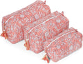 Saffron Marigold Quilted Makeup Bag Set of 3, Hand Block Printed Cotton Cosmetic Bags for Women, Waterproof Lined Travel Toiletry Bag, Coquette Floral Aesthetic, Handmade Gift, Coral Flowers