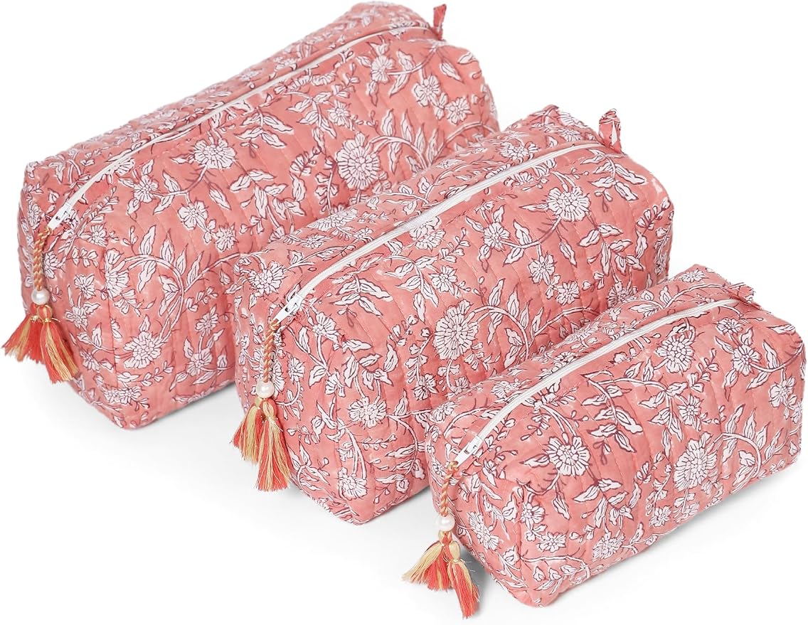 Saffron Marigold Quilted Makeup Bag Set of 3, Hand Block Printed Cotton Cosmetic Bags for Women, Waterproof Lined Travel Toiletry Bag, Coquette Floral Aesthetic, Handmade Gift, Coral Flowers