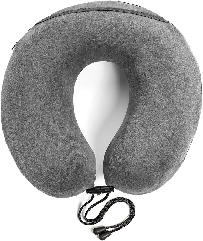 travelrest Neck Pillow Travel Essential - Memory Foam, Washable Micro-Fiber Cover Pillow, Soft and Comfortable Head Support for Long Flights, Compact, Attaches to Luggage, Airplanes - (Grey, Curl)