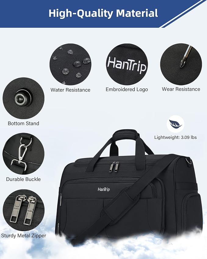 HanTrip Carry on Duffel Bag Foldable Duffle Bags for Travel, Large Personal Item Bags for Airplanes, Weekender Overnight Mens Travel Tote Bag for Women Softside Carry on Luggage (Black)