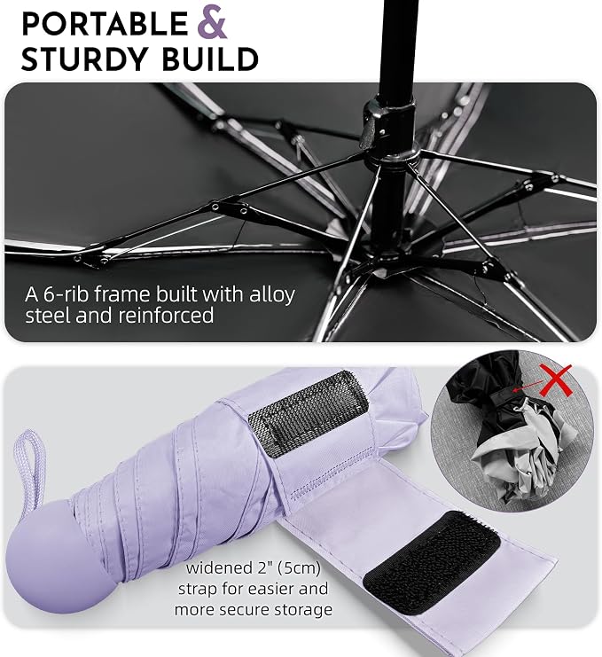 Travel Mini Umbrella Compact Small & Lightweight, UV Rain Protection, Pocket-Sized Folding Umbrellas with Quickdraw & Case for Men Women & Kids Backpack