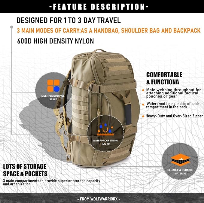 Miramrax Travel Duffle Bag Backpack for Men - Large Tactical Bags Weekender Gym Bag for Overnight Traveling Military Workout Deployment Sports (Coyote, 45L)
