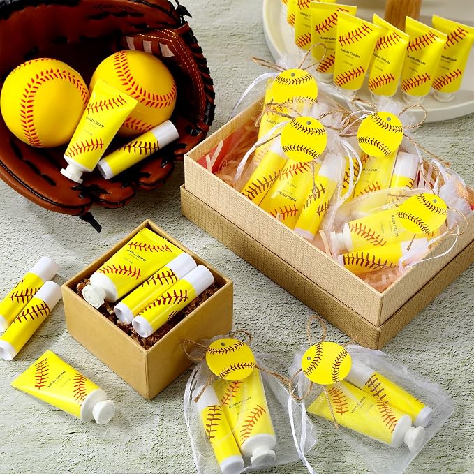 144 Pcs Lip Balm Hand Cream Set Party Favors, Include 36 Lip Balm 36 Moisturizing Hand Cream 36 Bags 36 Cards and Ropes for Accessories Gifts(Yellow,Softball)