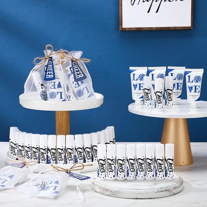 144 Pcs Blue Cheer Lip Balm Hand Cream Set Party Favors Cheer Teams Camp Gifts Include 36 Lip Balm 36 Moisturizing Hand Cream 36 Bags 36 Cards and Ropes for Guest Party Supplies Accessories