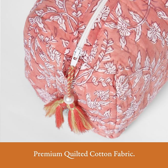 Saffron Marigold Quilted Makeup Bag Set of 3, Hand Block Printed Cotton Cosmetic Bags for Women, Waterproof Lined Travel Toiletry Bag, Coquette Floral Aesthetic, Handmade Gift, Coral Flowers