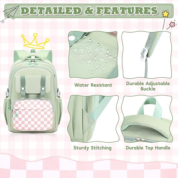 MUSEVOS Girls Backpack, Ideal School Backpack for Girls from Elementary to Teen Years, Kawaii Bookbag Cute Large Capacity, Checkered, Green