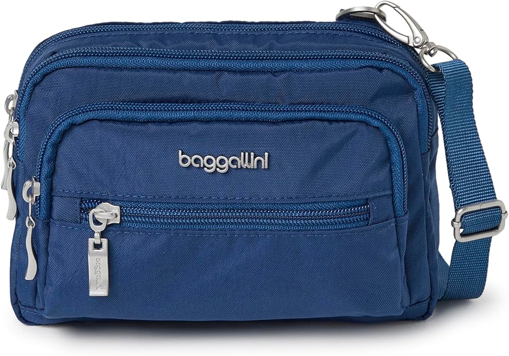 Baggallini Triple Zip Small Crossbody Bag for Women - Lightweight Convertible Fanny Pack Belt Bag