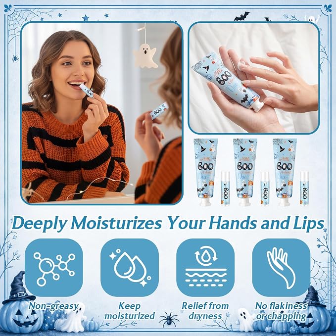 24 Sets Halloween Little Boo Baby Shower Hand Cream and Lip Balm Gift Baby Shower Party Favors Travel Size Hand Lotion Lip Balm Bulk with Organza Bag Tag Halloween Newborn Party for Guests Kids