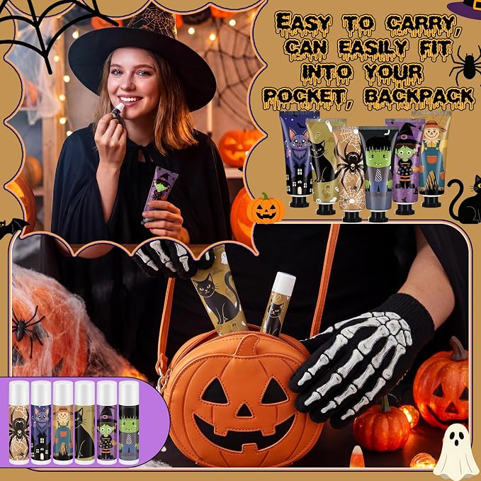 24 Pack Halloween Hand Cream and Lip Balm Gifts Sets for Women Mini Hand Lotion Bulk Travel Size Moisturizing Cream Halloween Party Favors for Boo Basket Stuffers 6 Natural Plant Fragrances
