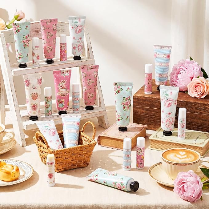 12 Sets Tea Party Favors Mini Hand Cream Lip Balm Bulk Gift Set for Women Wedding Party Favors for Guests Travel Size Hand Lotion Vintage Floral Moisturizing Lip Balm Gifts for Baby Shower