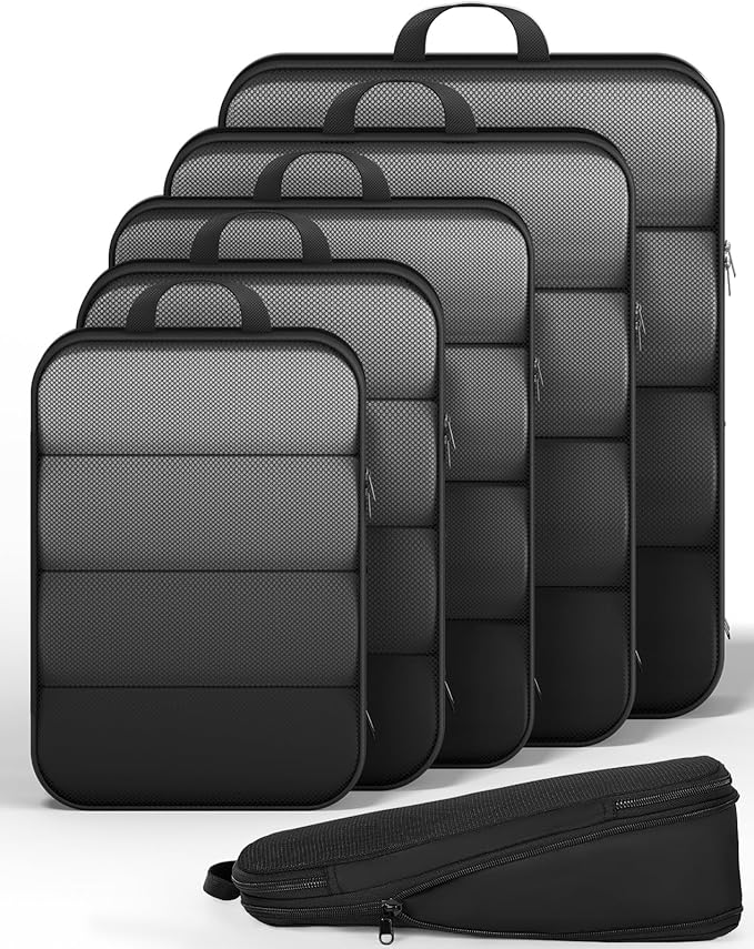 Veken 6/9/11 Set Compression Packing Cubes for Travel Essentials,Compressible Expandable Large Luggage Suitcase Organizer Bags for Clothing,Durable Space Saver Storage Bags(Black)