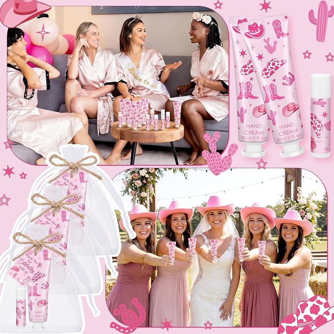 30 Sets Pink Cowgirl Hand Creams and Lip Balms Gift Bulk Western Bridal Shower Party Hand Lotion and Lip Balm First Rodeo Party Favors for Birthday Supplies
