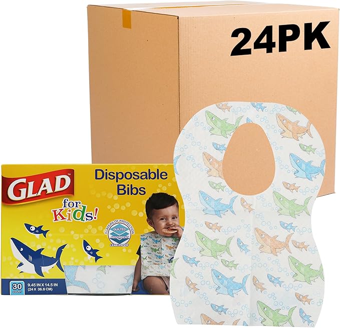 Glad for Kids Shark Disposable Paper Bibs with Crumb Catcher Pocket, Absorbent Leakproof Design, 30 Count, 24 Pack