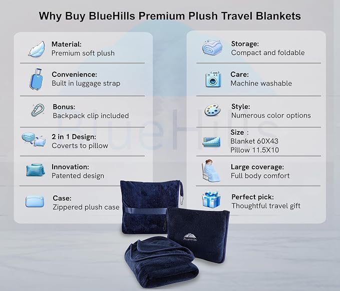 BlueHills Premium Soft Travel Blanket Pillow Airplane Blanket Packed in Soft Bag Pillowcase with Hand Luggage Belt Compact Pack Large Long Flight Essentials Portable Navy Blue T002