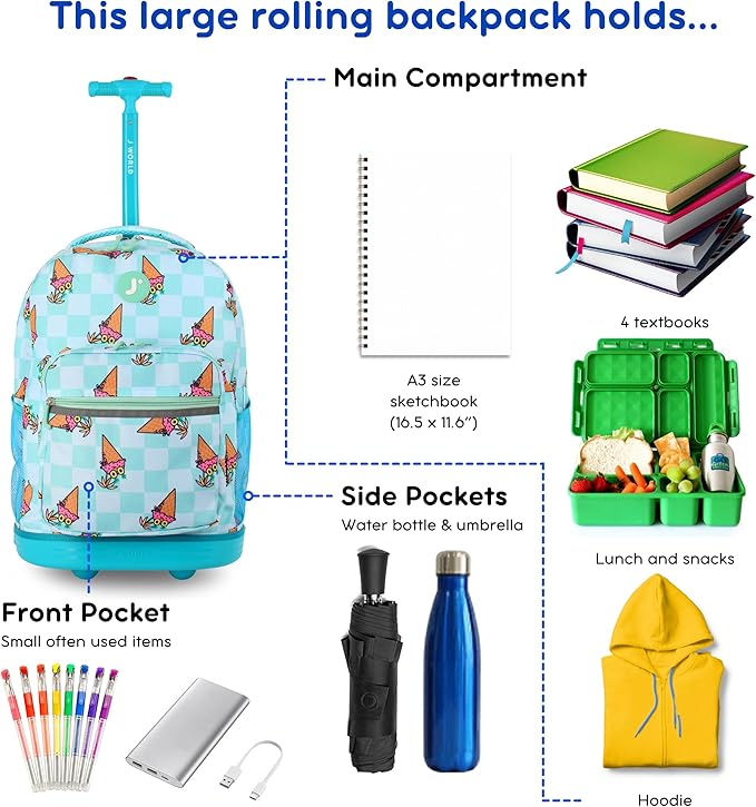 J World Sunrise Kids Rolling Backpack for Girls Boys. Roller Bookbag With Wheels For School, Ice Cone