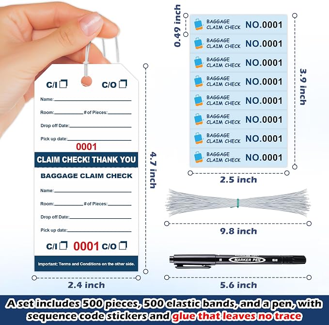 500 Pcs Hotel Luggage Claim Tags 001 to 500 with Strings 4-3/4 x 2-3/8 Inch with 8 Labels & Matching Numbers Durable Paper Baggage Check Tags with Stubs for Hotels Storage and Transport (500)