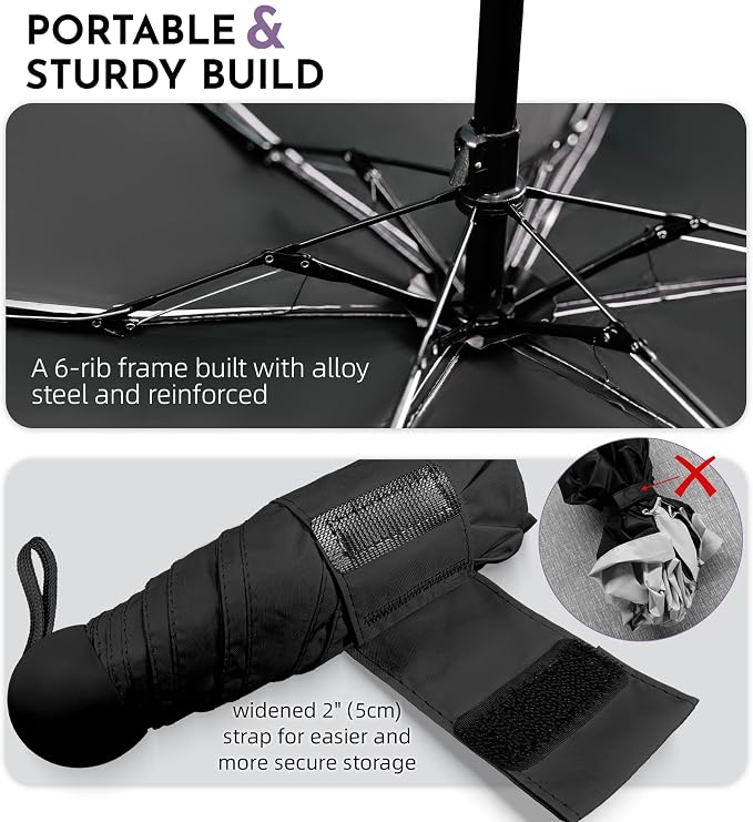 Travel Mini Umbrella Compact Small & Lightweight, UV Rain Protection, Pocket-Sized Folding Umbrellas with Quickdraw & Case for Men Women & Kids Backpack
