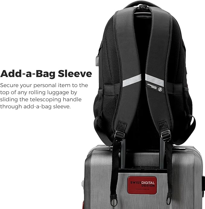 Swissdigital Design Laptop Backpack with USB Charging Port, Travel Backpack Fits 15.6 inches Computer, 31L College School Backpack for Men, Black/Grey | SD803-02