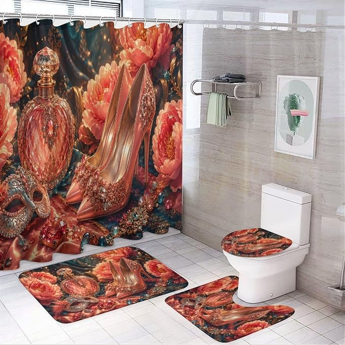 Floral Embellished High Heels Perfume Bathroom Rug Set 4 Piece with Shower Curtain Non Slip Bath Mat Set Microfiber Bathroom Decor Toilet Lid Cover U Shape Rug Waterproof Bathroom Accessories