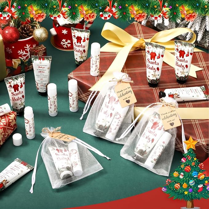 50 Sets 200 Pcs Christmas Santa Claus Baby Shower Gifts Bulk Hand Lotion and Lip Balm Gift Party Favors Travel Size Hand Lotion and Lip Balm with Organza Bags Tags