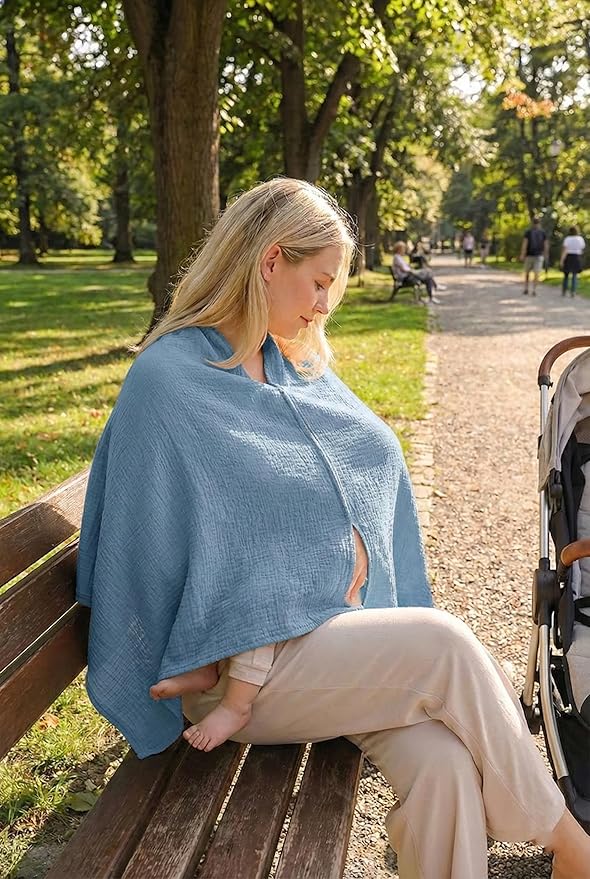 TADO MUSLIN 2-Pack Nursing Covers for Breastfeeding, 100% Organic Cotton Muslin Nursing Cover for Mom, Soft Breathable Breastfeeding Cover, Full Privacy Cover for Nursing, Regular Coverage Blue Grey