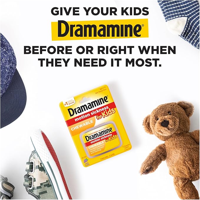 Dramamine Non-Drowsy, Motion Sickness Relief, Made with Natural Ginger, 18 Count & Kids Chewable, Motion Sickness Relief, Grape Flavor, 8 Count