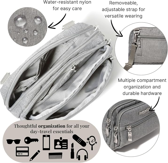Baggallini Triple Zip Small Crossbody Bag for Women - Lightweight Convertible Fanny Pack Belt Bag