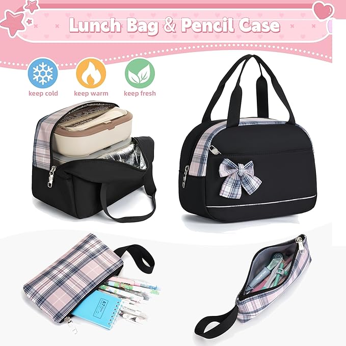 Backpack for Girls 15.6 Inch Laptop School Bag Kids Elementary College 3pcs Backpacks Lunch box Pencil Case Set Bookbags for Girls Teen Women Student Black