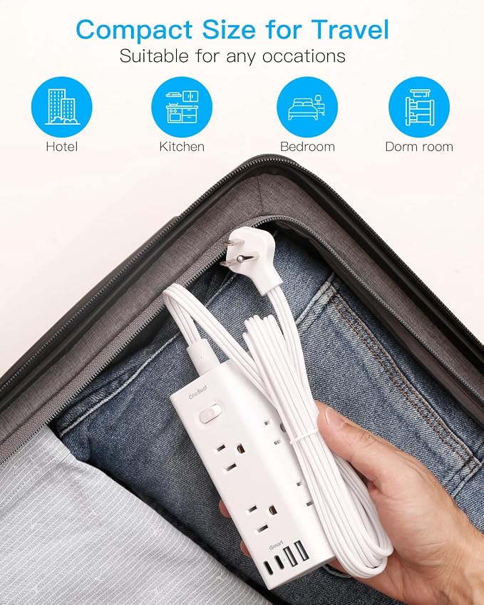 5Ft Extension Cord with Multiple Outlets, Flat Plug Power Strip Surge Protector with 5 Ft Long Cord, 6 Outlet 4 USB Ports (2 USB C), Multi Outlet Wall Plug for Travel, College, Dorm Room Essentials