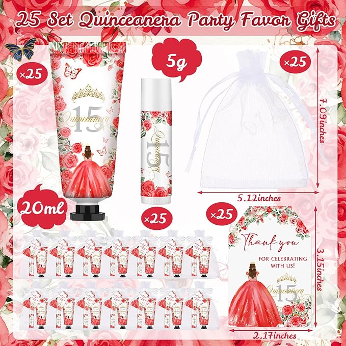 Leelosp 25 Set/100 Pcs Quinceanera Party Favor for Guest with Travel Size Hand Cream, Lip Balm, Card, Organza Bags Quinceanera Gift Set Sweet 15th Party Supply Birthday Souvenir(Red)