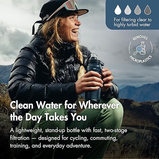 Katadyn BeFree AC Bottle 0.7L Water Filter Bottle for Travel & Daily Use | 2-Stage Filter Removes Bacteria & Microplastics, Improves Taste, BPA-Free, Fits Cup Holders - Smoke