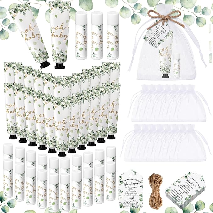 48 Sets/192 Pcs Sage Green Baby Shower Gifts for Guests Bulk Greenery Oh Baby Shower Hand Cream and Lip Balm Eucalyptus Travel Size for Girl Boy Gender Reveal Games Prizes Bridal Wedding