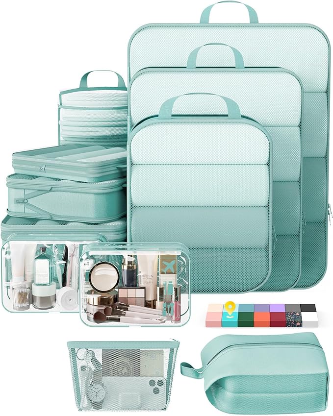 Veken 11 Set Compression Packing Cubes for Travel Essentials,Compressible Expandable Large Luggage Suitcase Organizer Bags for Clothing,Durable Space Saver Storage Bags with Toiletry Bags(Blue Green)