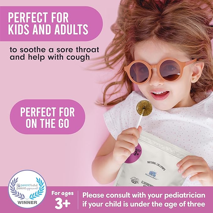 MommaBear Natural Sore Throat Care Lollipops – Elderberry & Honey Kids Cough Lollipops – Organic Sick Essentials Lolli Treats, No Artificial Additives – Tightly Sealed for Freshness (10 Pack)