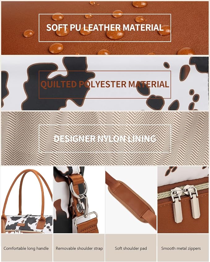 Weekender Bags for Women, Travel Duffle Bag Carry On Overnight Bag with Cosmetics Bag and Crossbody Purse for Gym Hospital, Gifts for Women, Cow Print Brown