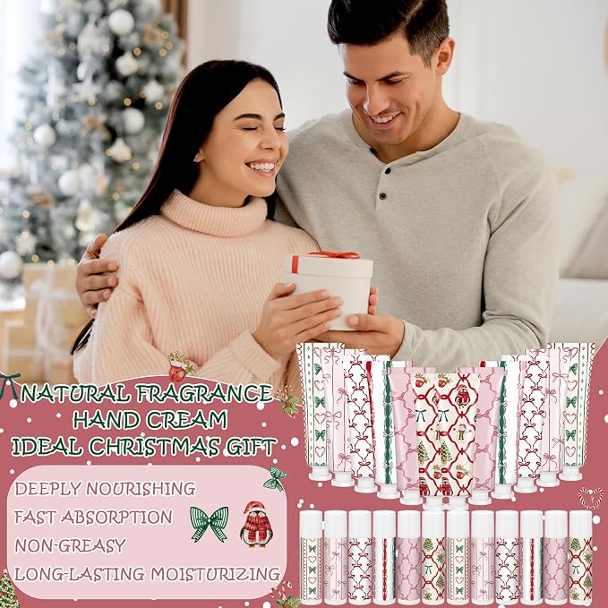 48 Pcs 24 Sets Valentine's Day Hand Cream and Lip Balm Bulk Gift Set, 6 Scents Coquette Bow Valentine's Day Travel Size Hand Lotion Lip Care Gift for Women Staff Coworkers