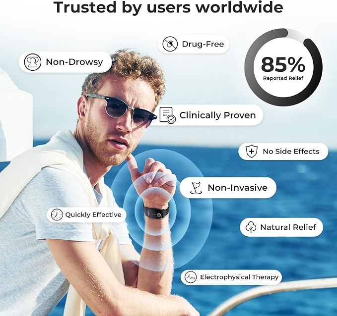 EmeTerm Explore Active FDA-Cleared Anti-Nausea Wristband Nickel-free 5m Dive Ready Motion Sickness Relief Band Non-drowsy Drug-Free Rechargeable Fluoroelastomer Strap for Salt-water Resistance (Black)
