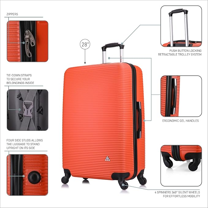 InUSA ROYAL Hardside Spinner Luggage with Ergonomic Handles | Spacious Travel Suitcase with Four Spinner Wheels and Studs | 28 Inch Large Hardside Spinner Luggage | Orange
