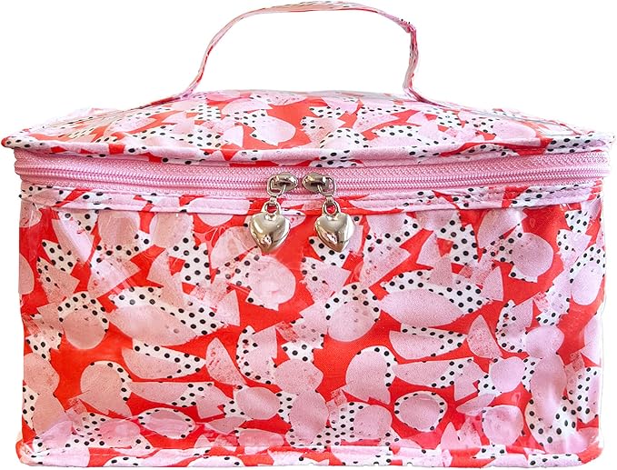 Jacaranda Living Vanity Cosmetic Bag – Structured Makeup Case with Handle, Water-Resistant PVC Lined Cotton, Travel Toiletry Organizer – Pebble Polka Dot
