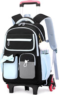 Rolling Backpack for Girls Kids Trolley Rolling School Bag Wheeled Backpack for Elementary School Roller Bookbags on 6 Wheels, Black Blue