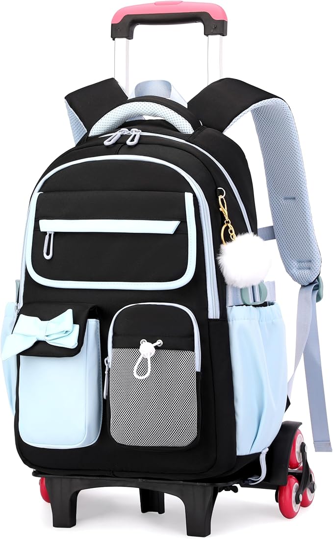 Rolling Backpack for Girls Kids Trolley Rolling School Bag Wheeled Backpack for Elementary School Roller Bookbags on 6 Wheels, Black Blue
