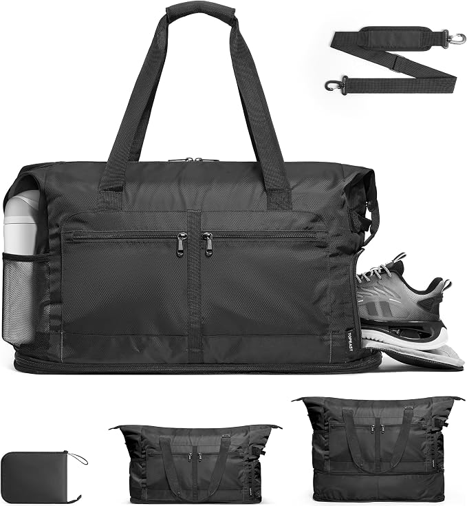 TOPEAST Foldable Travel Bag for Men & Women, 65L Weekender Overnight Duffle Bag for Travel, Expandable Airline Approved Carry-On with Shoe Compartment, Lightweight Personal Item Bag, Water-resistant