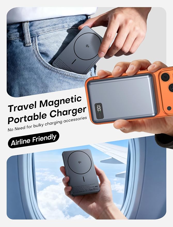 Enyneo Magnetic Power Bank Portable Charger 10000mAh, Qi2 Certified PD 20w Ultra-Fast Charging, LED Display for Magsafe USB C Battery Pack for iPhone 17/16/15/14/13/12 Pro/Pro Max-Grey