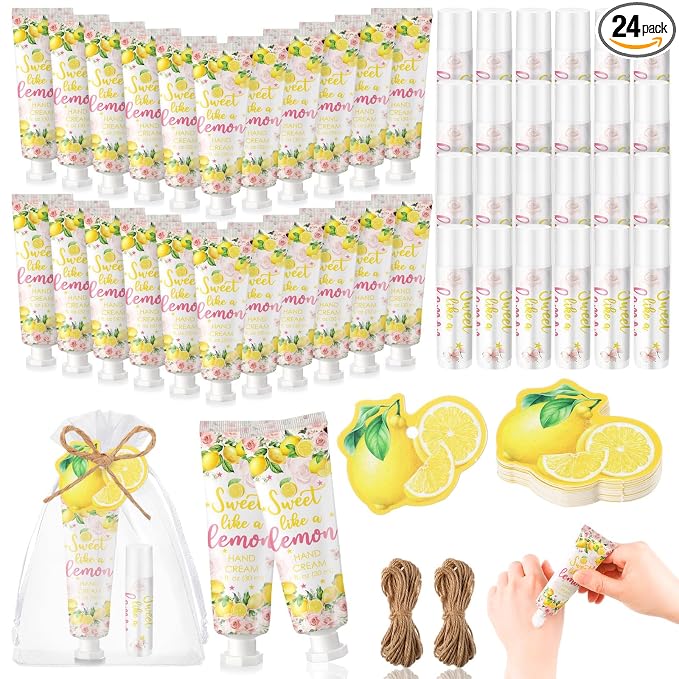 Lounsweer 24 Sets Lemon Baby Shower Hand Cream and Lip Balm Favors for Guests Sweet Like a Lemon Party Gifts with Organza Bags and Cards Travel Size Lotion Set for Bridal Shower Summer Birthday