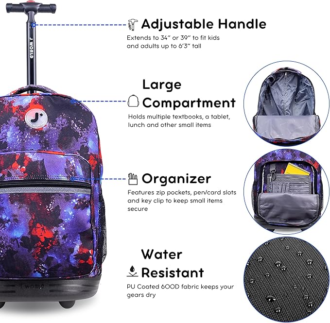J World Sunrise Kids Rolling Backpack for Girls Boys. Roller Bookbag With Wheels For School, Galax