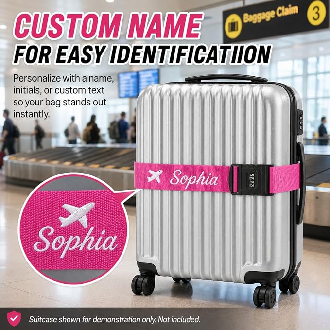 Personalized Luggage Strap with Combination Lock,6 Pcs Custom Embroidered Name Suitcase Belt, Heavy Duty Adjustable Travel Strap for Luggage Security and Easy Identification, Lockable Bag Belt