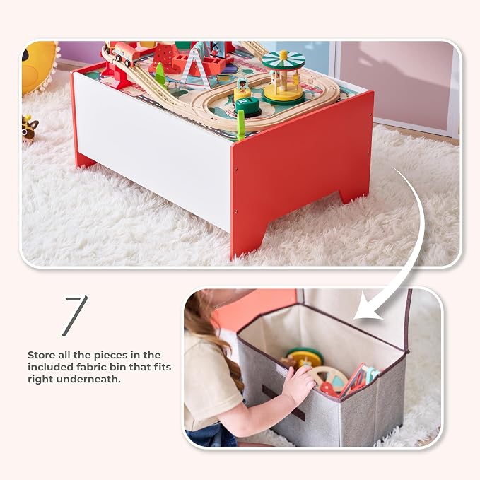 Teamson Kids Wooden Train Table – Carnival-Themed Amusement Park Playset | Ferris Wheel, Carousel & Train Track, Interactive Toy for Toddlers, With Storage, Ages 3+