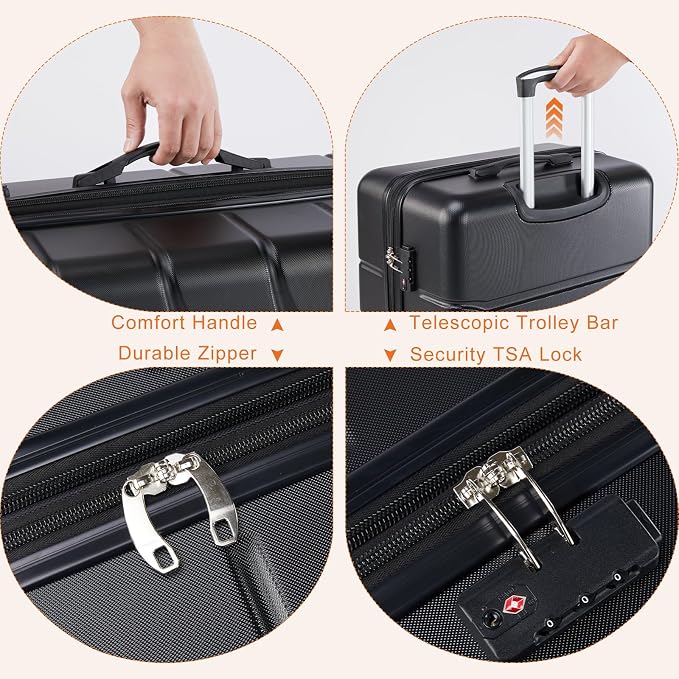 Sweetcrispy 20 Inch Carry On Luggage, Lightweight ABS Rolling Hard Shell Suitcase with Quiet Spinner Wheels, Built-in TSA Lock, Portable Travel Suitcase for Business Trip & Vacation Use, Black